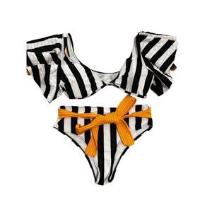 Black & White Striped Ruffle Bikini with Mustard Bow – Size‎ M